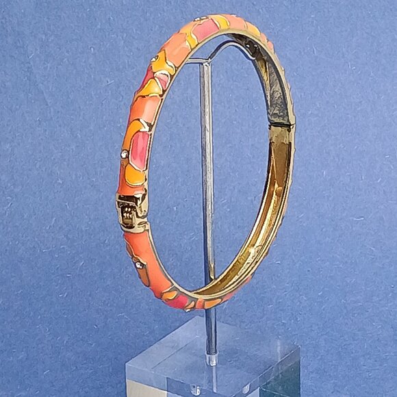 Abstract Cow Pattern Rhinestone Multi Orange Enamel Hinge Bangle Skinny Bracele… - Picture 5 of 5